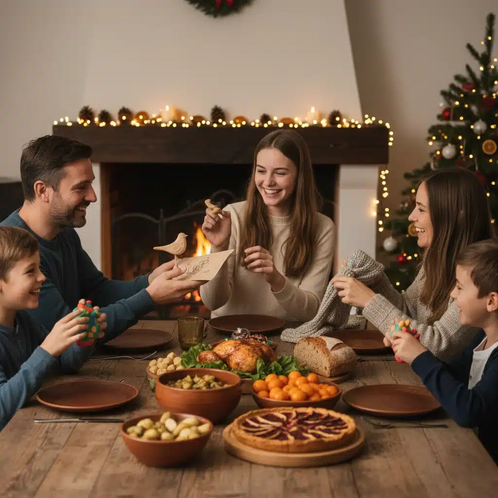 Family exchanging handmade gifts during holiday celebration