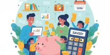 Family smiling while reviewing finances, piggy bank, and calculator, symbolizing successful household savings strategies.