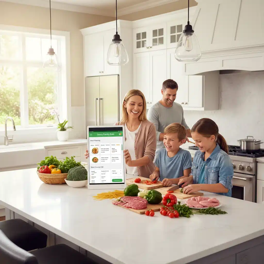 Family cooking together with meal planning app on tablet