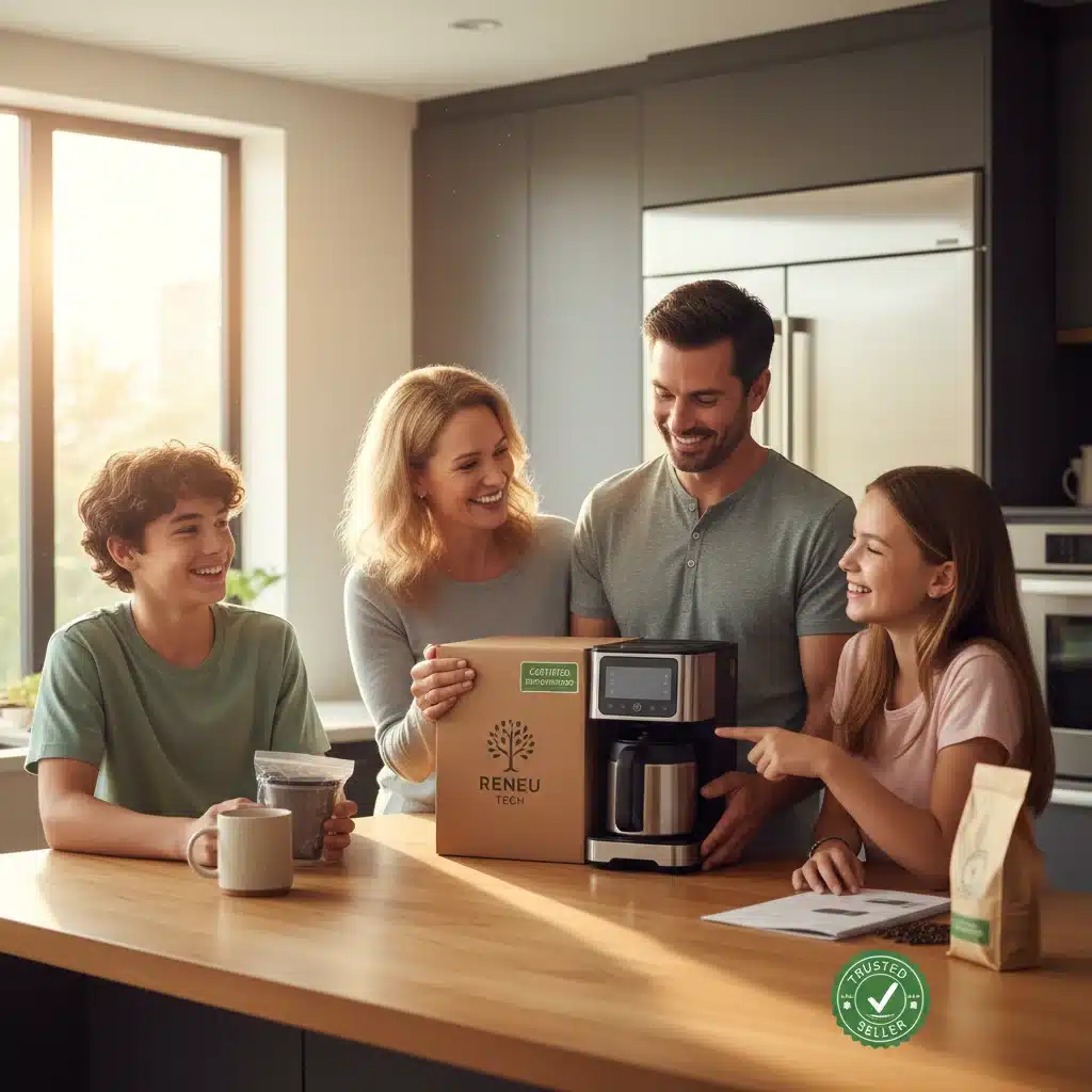 Happy family unboxing refurbished home appliance, satisfied customers, value for money