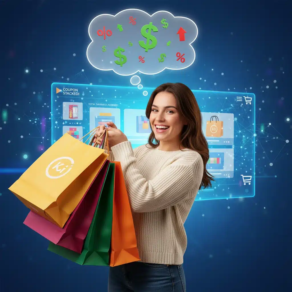 Person smiling and holding shopping bags, symbolizing significant savings from digital coupon stacking.