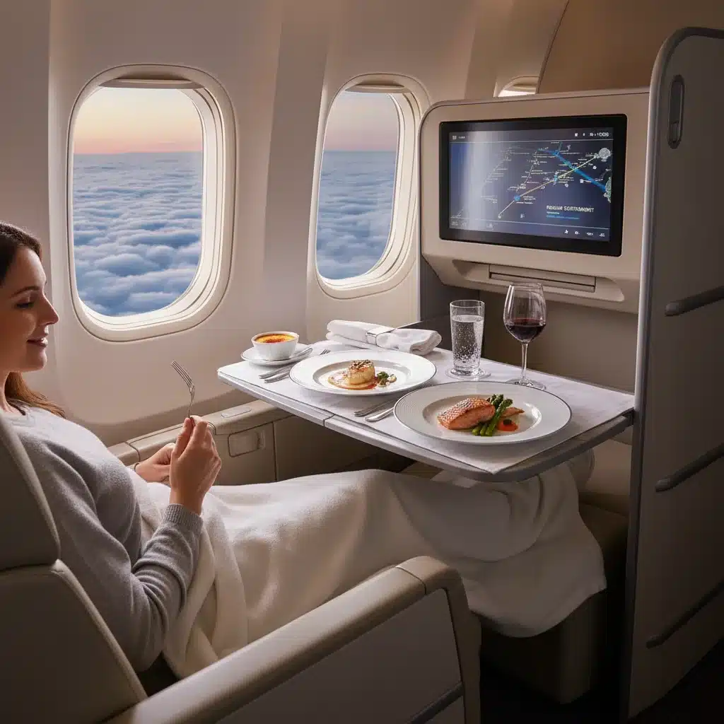 First-class airline seat with gourmet meal and window view
