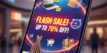 Smartphone showing a flash sale alert with discounted items and a shopping cart.