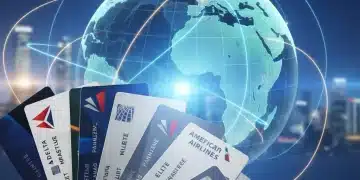 Frequent flyer loyalty cards fanned out with global travel map backdrop