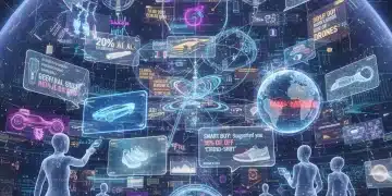 Futuristic online deal marketplace with glowing discounts and data streams, symbolizing 2026 shopping trends.
