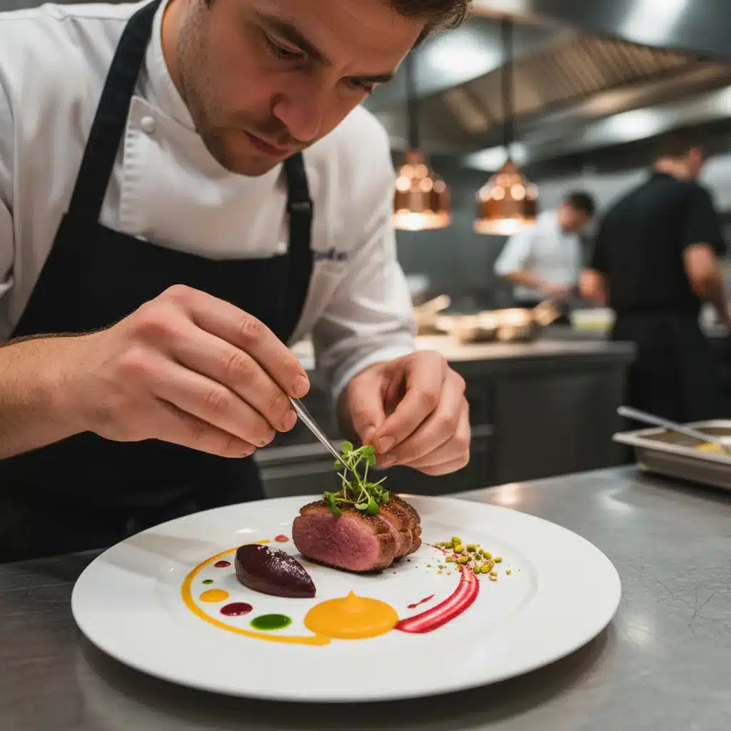Chef meticulously plating a gourmet dish at a high-end restaurant, representing culinary travel point redemption.