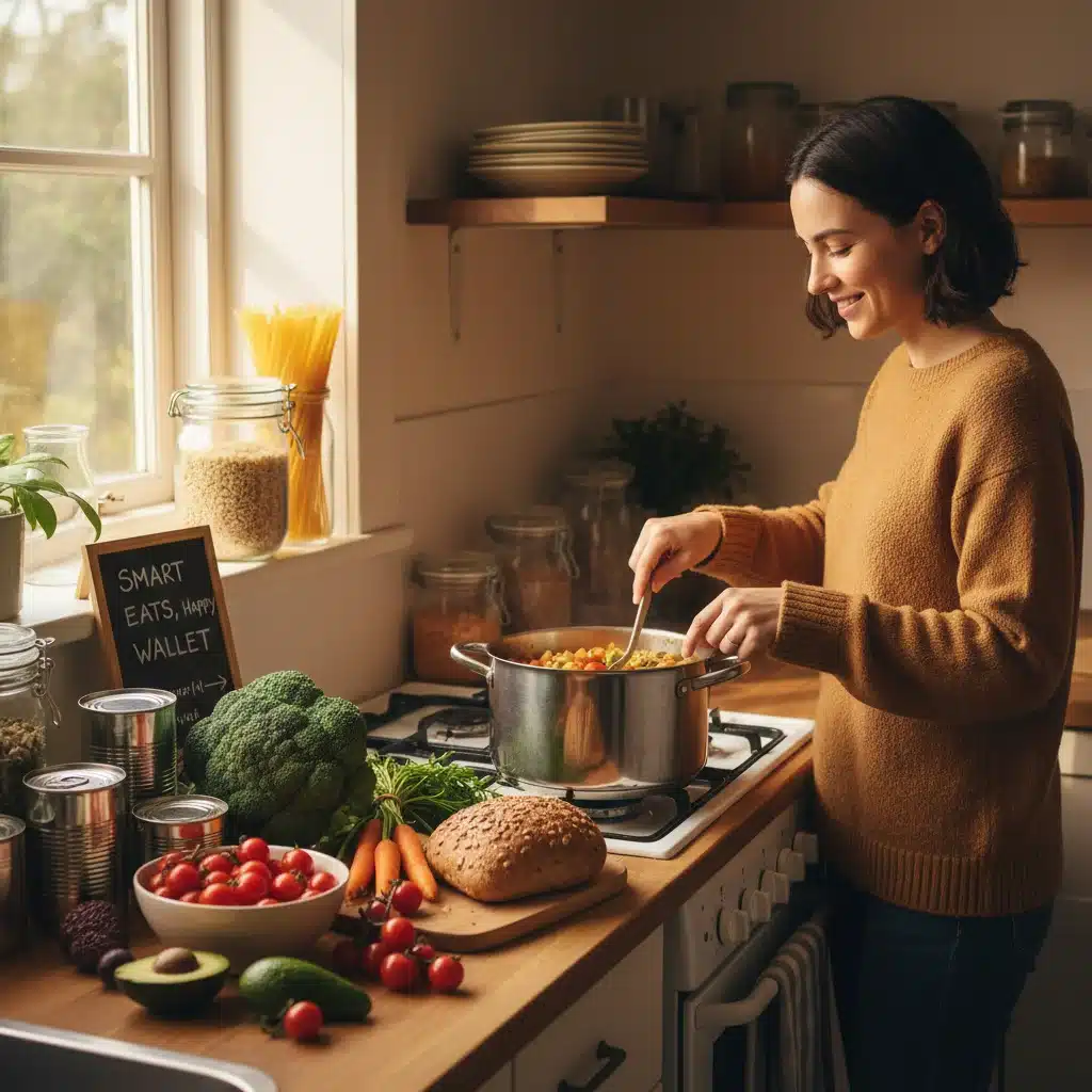 Person cooking an affordable meal at home to save money