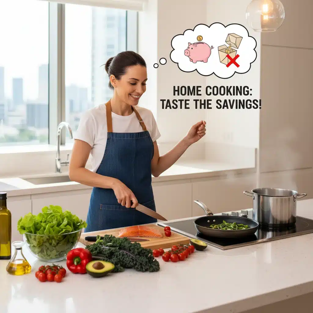 Person cooking healthy meal at home to save money