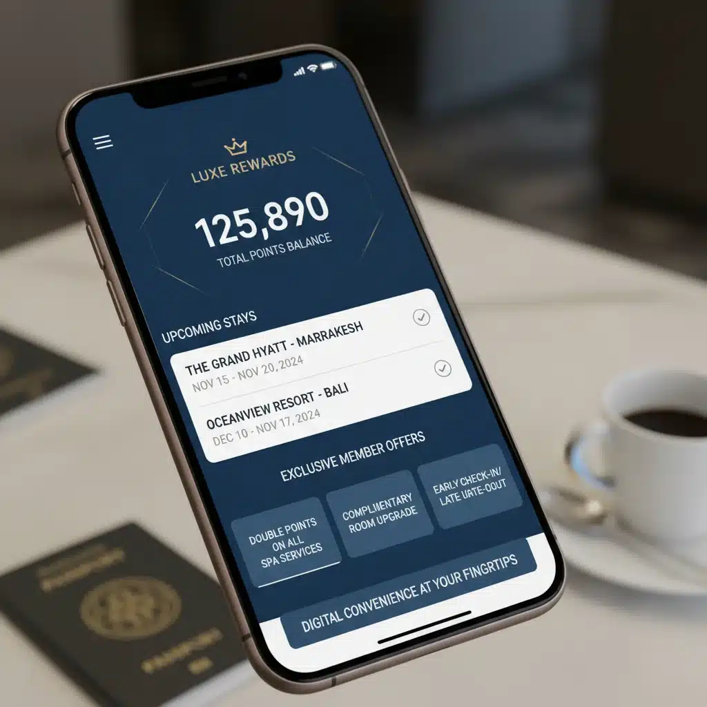 Smartphone displaying a hotel loyalty program app with points and offers, showcasing digital convenience.