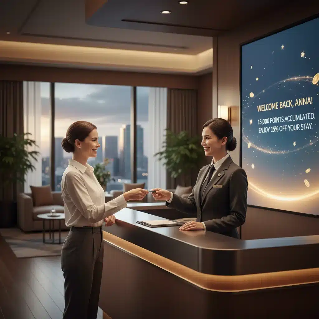 Customer enjoying exclusive benefits at a hotel reception, demonstrating the value of loyalty program rewards.