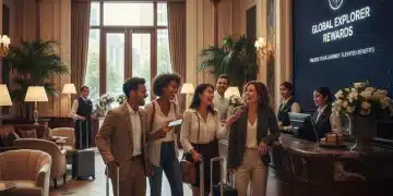 Happy travelers checking into a luxurious hotel lobby, highlighting top hotel loyalty programs and their benefits.