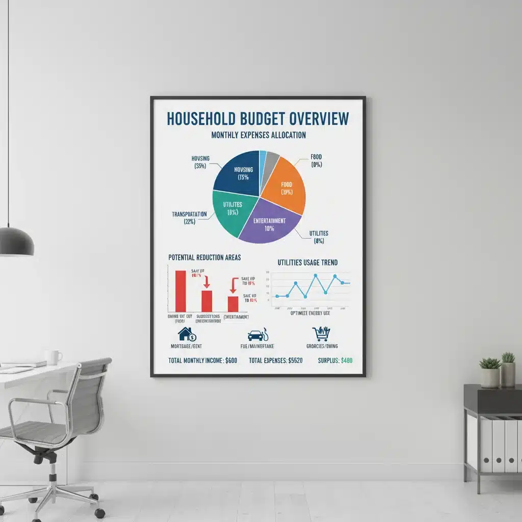 Detailed household budget breakdown with graphs and charts for expense categories.