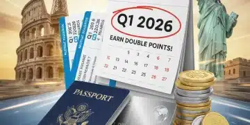 Passport, credit card, and airplane tickets with a calendar showing Q1 2026, symbolizing limited-time travel promotions.