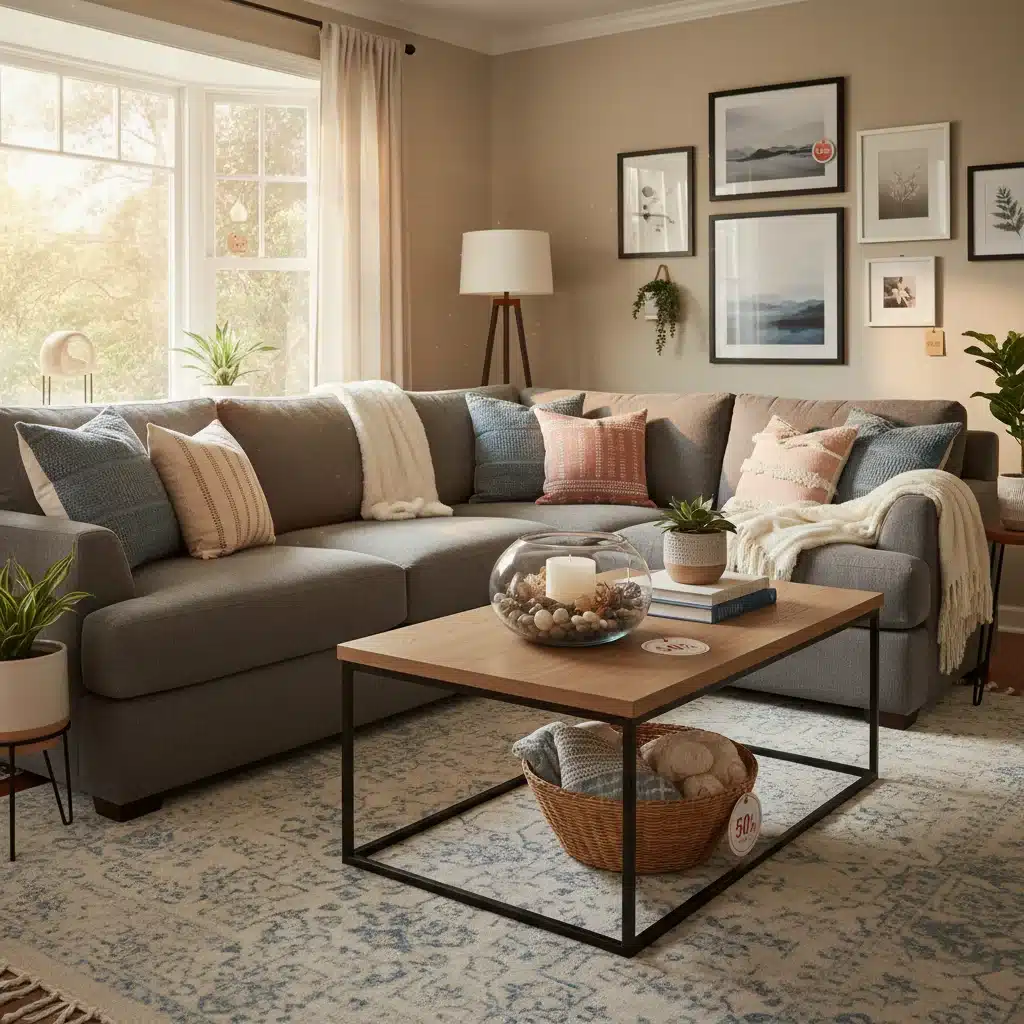 Cozy living room with new, discounted home decor items