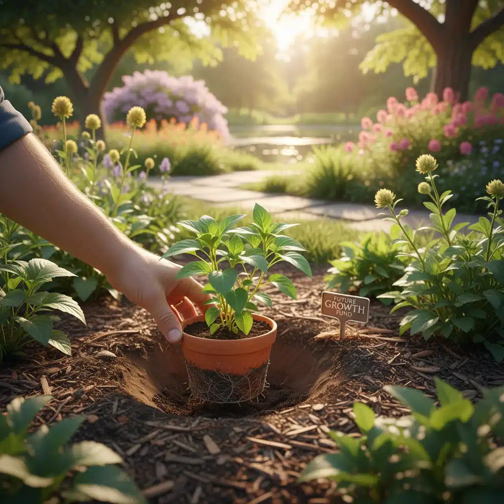 Hand planting a small plant into a garden, symbolizing long-term financial growth