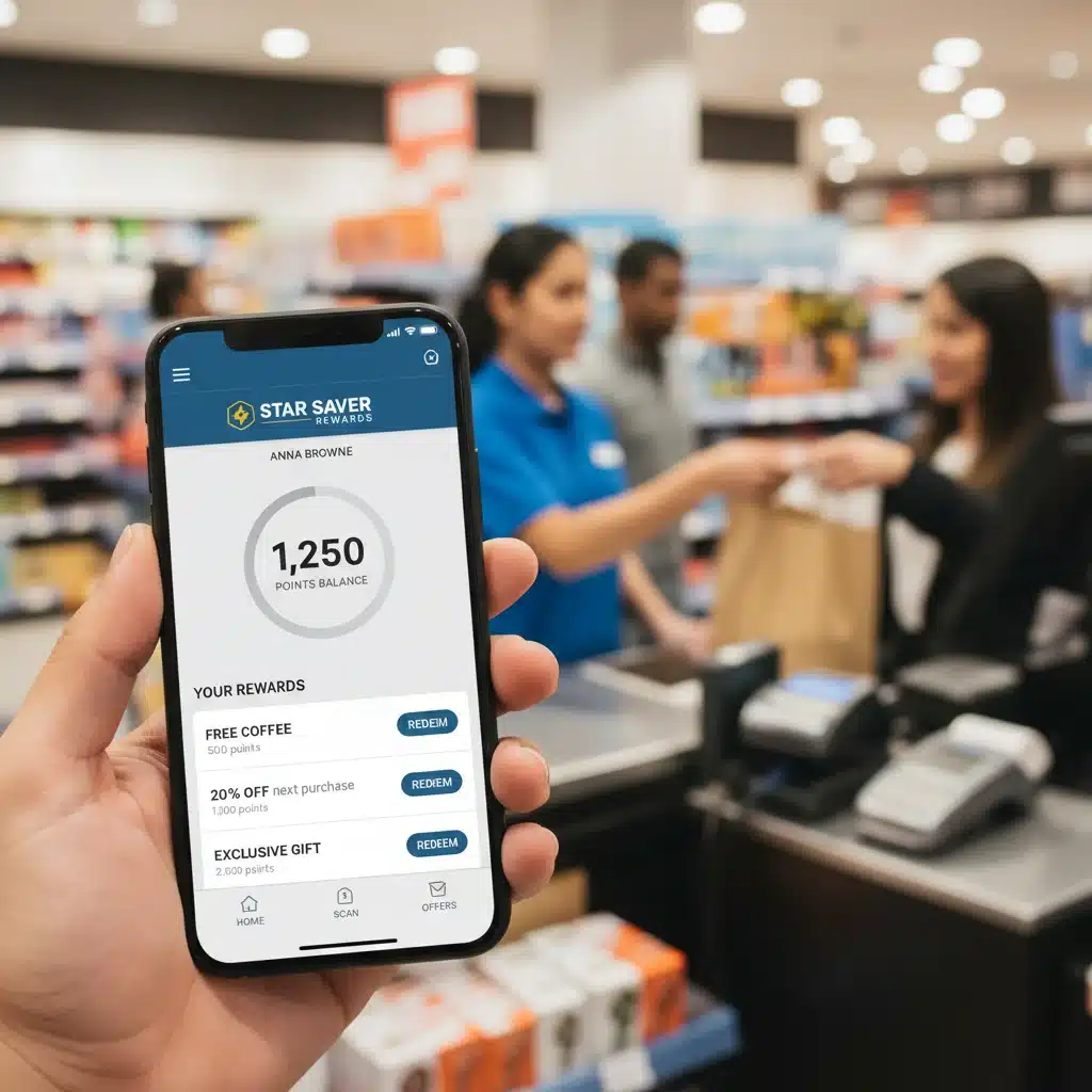 Smartphone displaying a retail loyalty program app with points and rewards.
