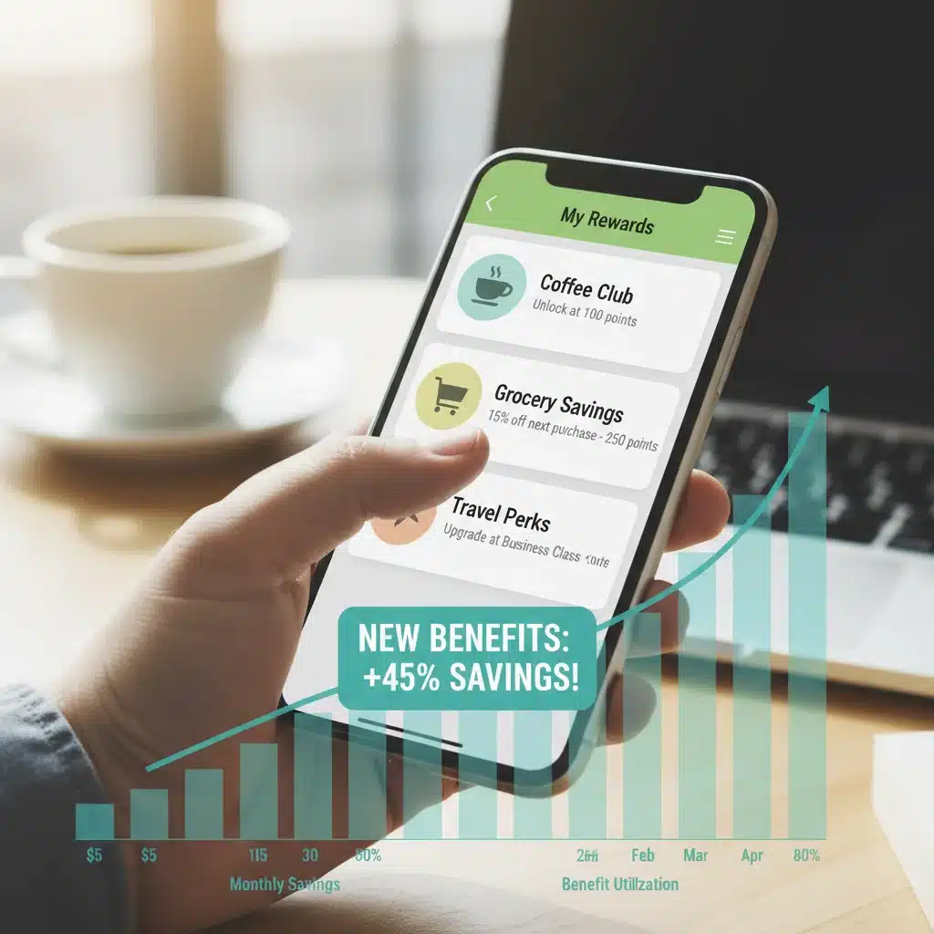 Smartphone displaying loyalty app with increasing savings graph.