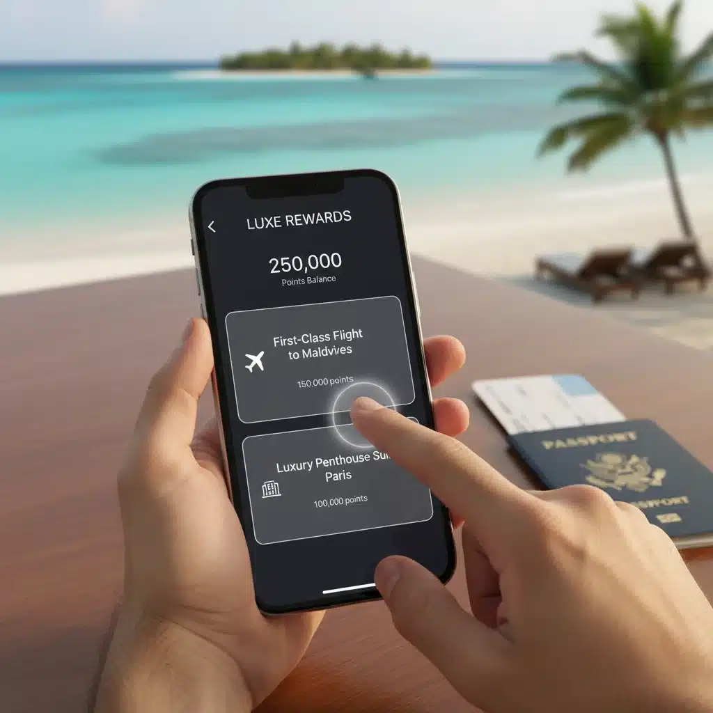 Mobile app showing loyalty points redemption for luxury travel experience