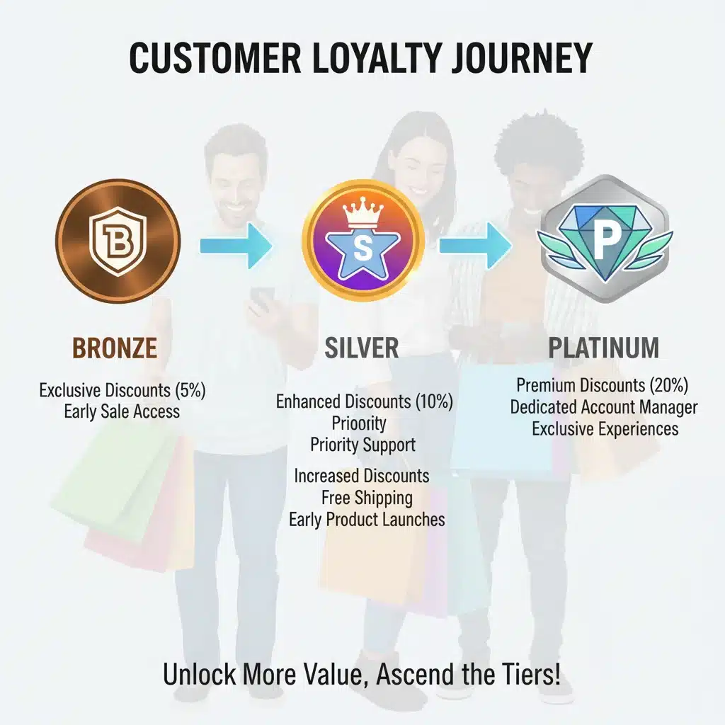 Infographic showing different loyalty program tiers and their benefits for consumers.