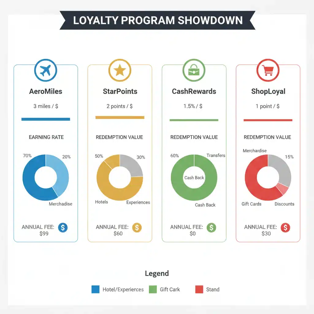Infographic comparing features, points, and redemption values of top loyalty programs.