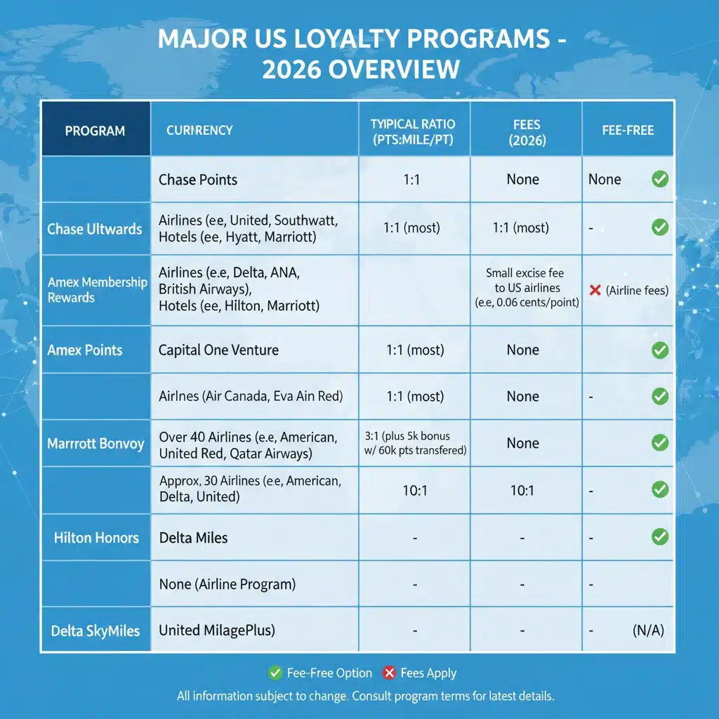 Infographic comparing US loyalty programs, transfer partners, ratios, and fees for 2026