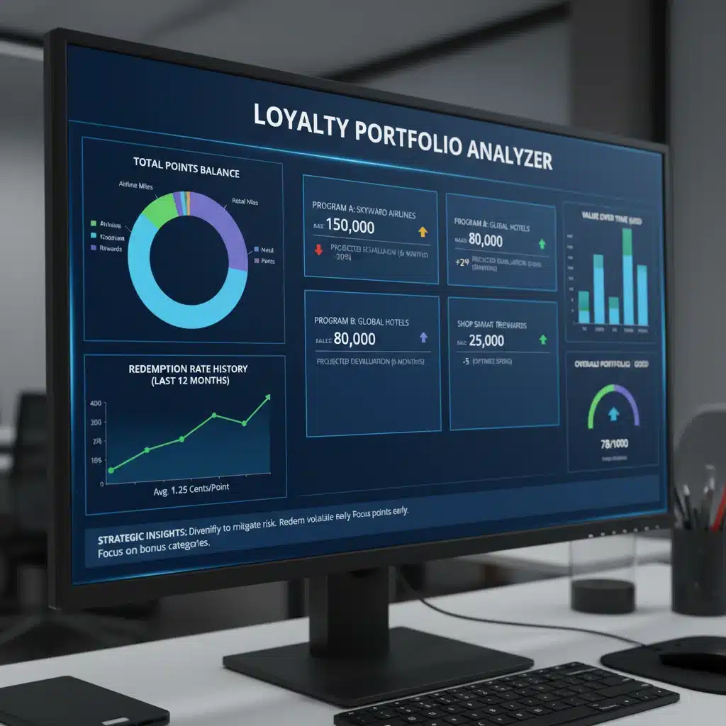 Digital dashboard showing loyalty program balances, redemption rates, and devaluation projections.