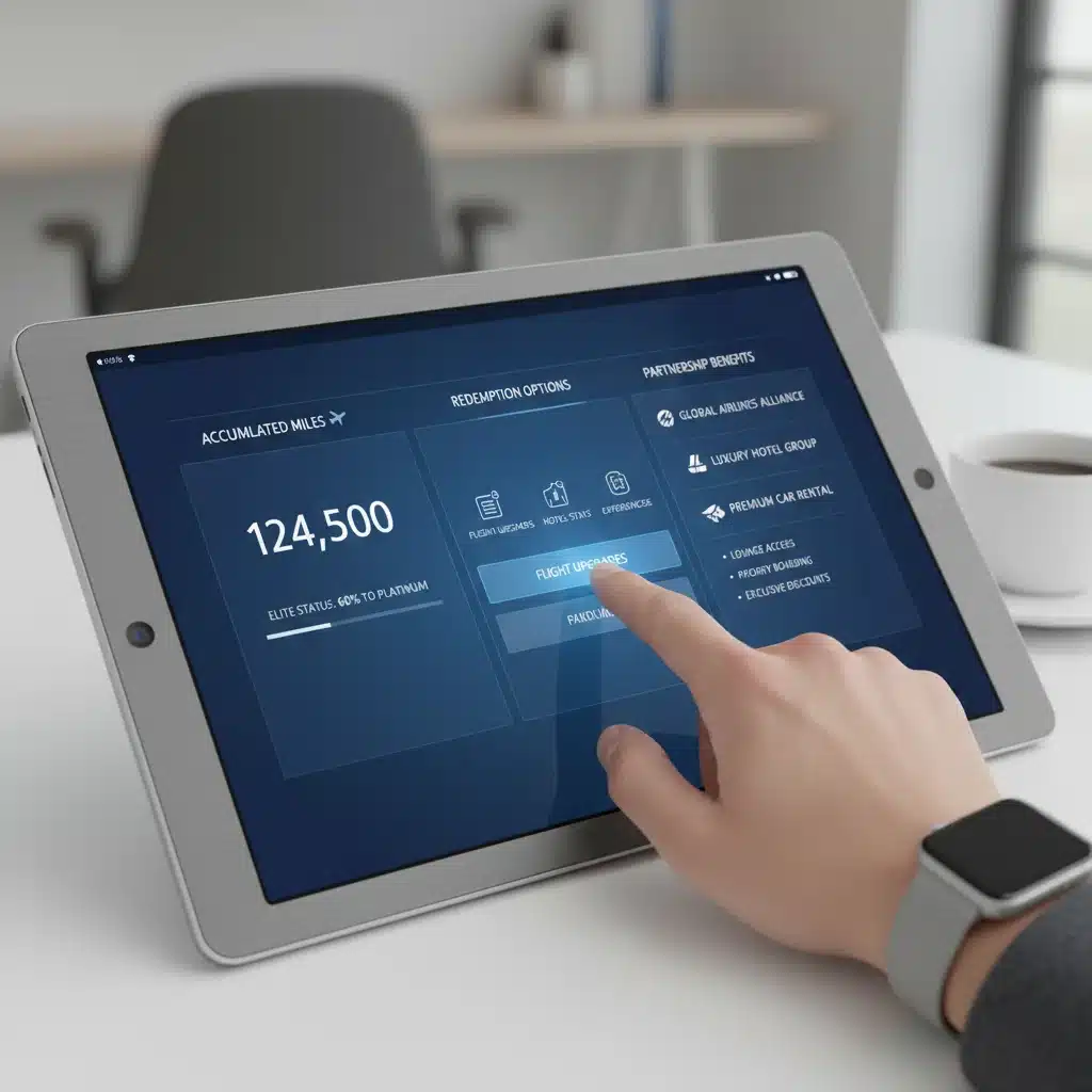 Digital loyalty program dashboard showing miles, redemption, and partner benefits on a tablet.