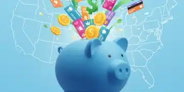 Illustration of stacked loyalty cards and cash flowing into a piggy bank, representing maximized savings in the US for 2026.