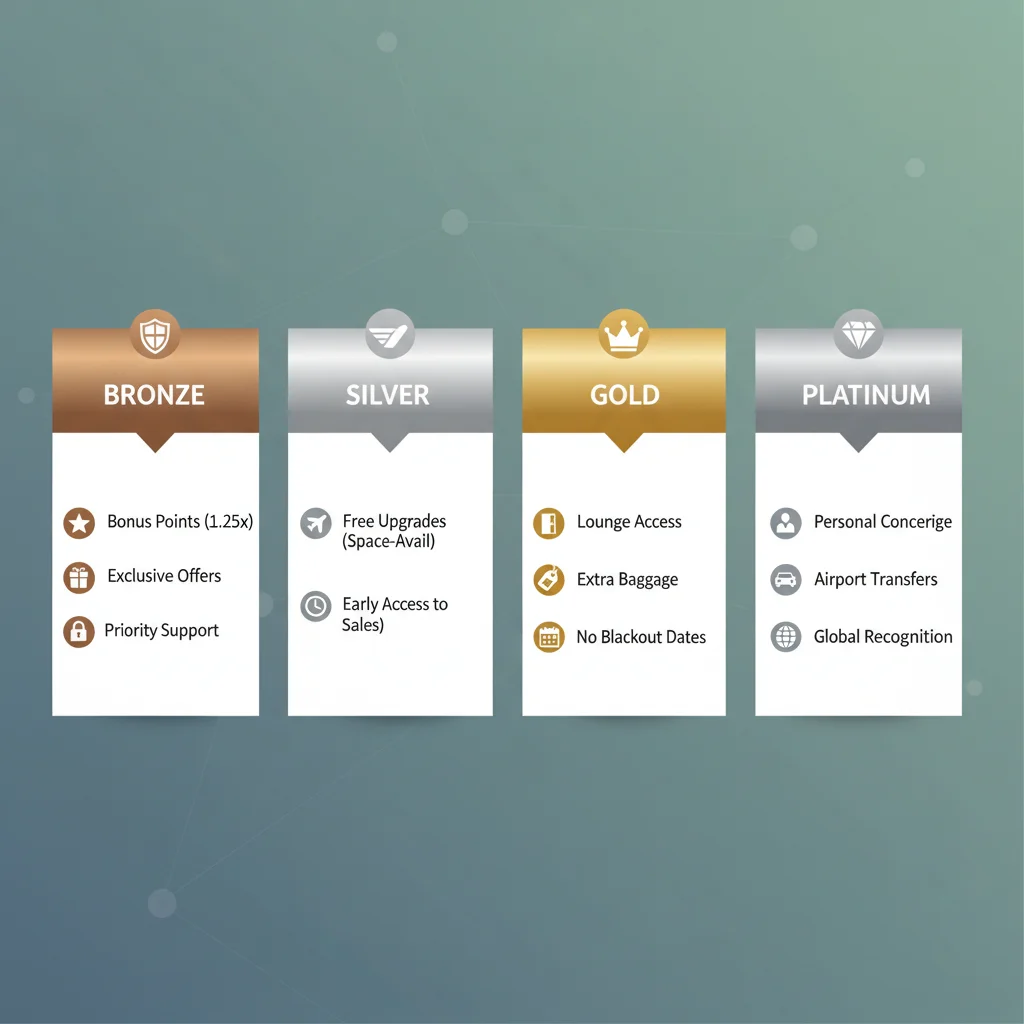 Infographic showing progressive benefits across different loyalty program tiers from basic to elite.