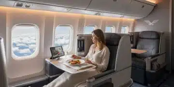 Luxury business class seat with ample legroom and premium service on a domestic US flight.