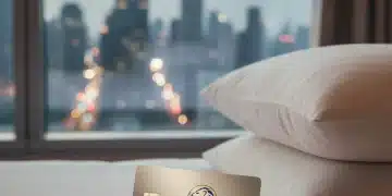 Luxury hotel credit card on a bed, urban view