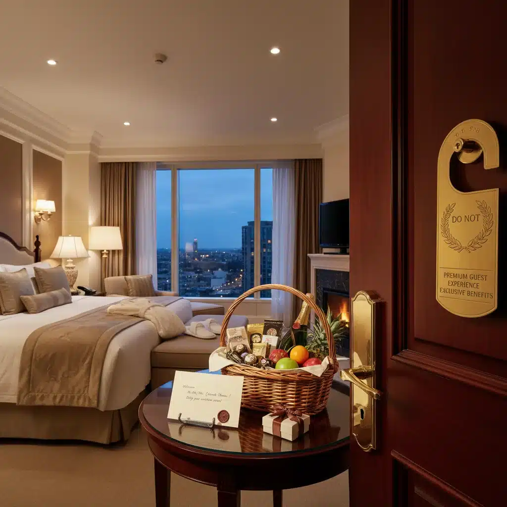 Luxurious hotel suite with welcome amenities, reflecting elite benefits.
