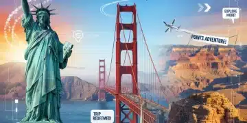 Vibrant collage of US landmarks and airplanes, symbolizing maximized travel points for 2026 airline redemptions.