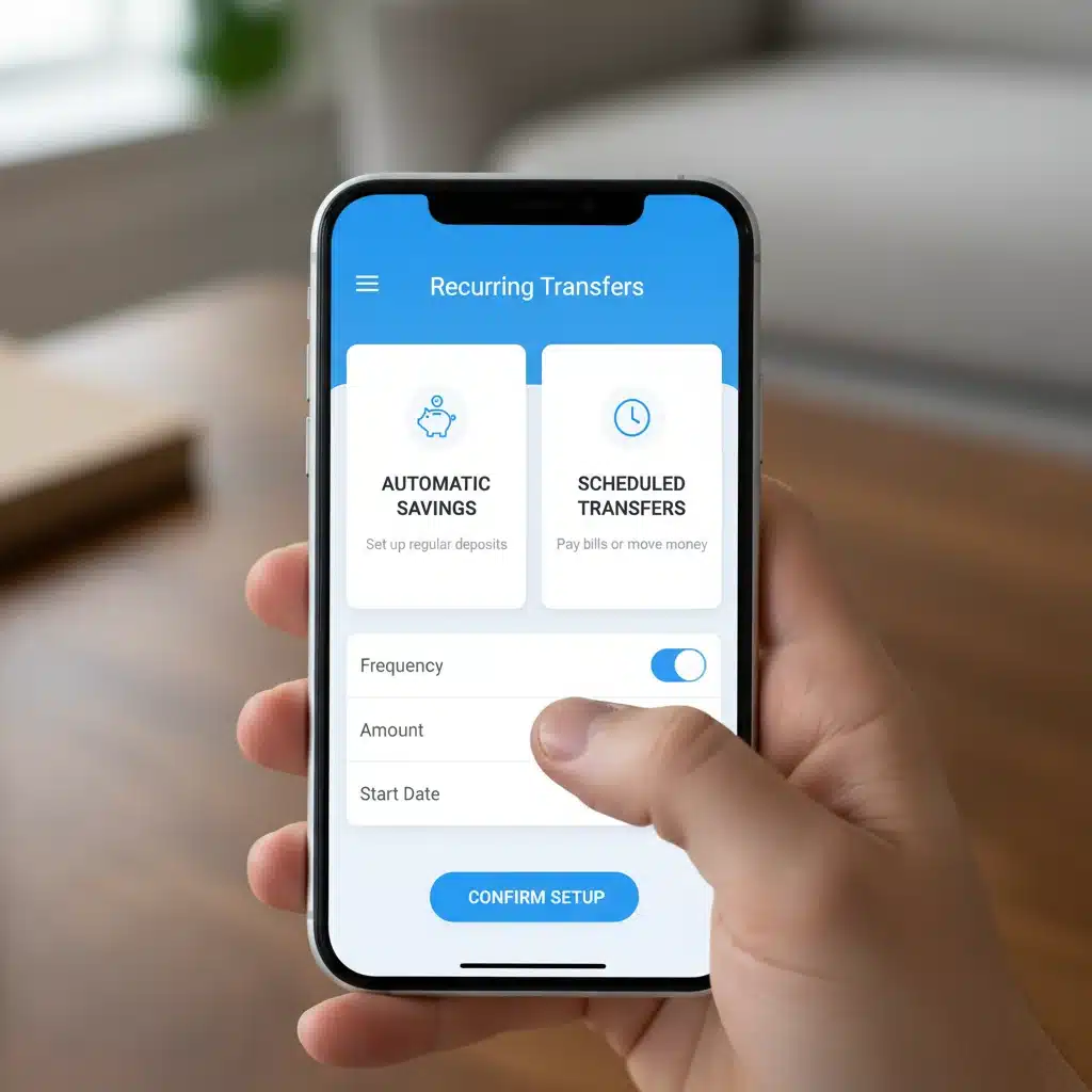 Setting up automatic recurring transfers on a mobile banking app.
