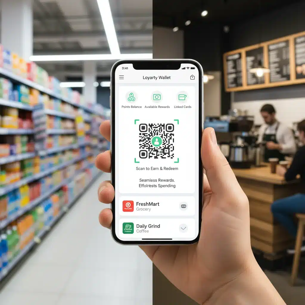 Hand holding smartphone with loyalty app in front of blurred grocery store and coffee shop.
