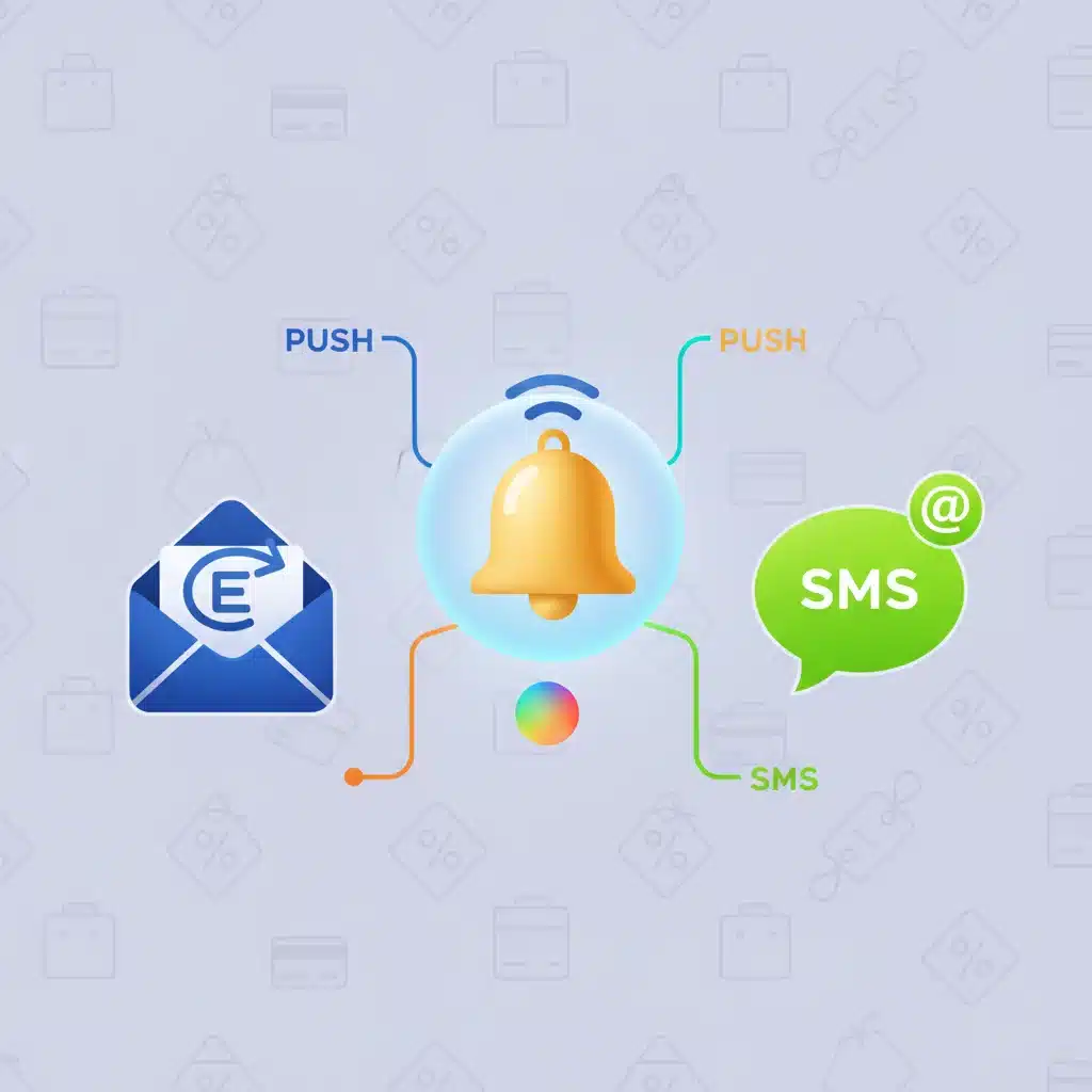 Icons representing different types of flash sale notification methods like push, email, and SMS.