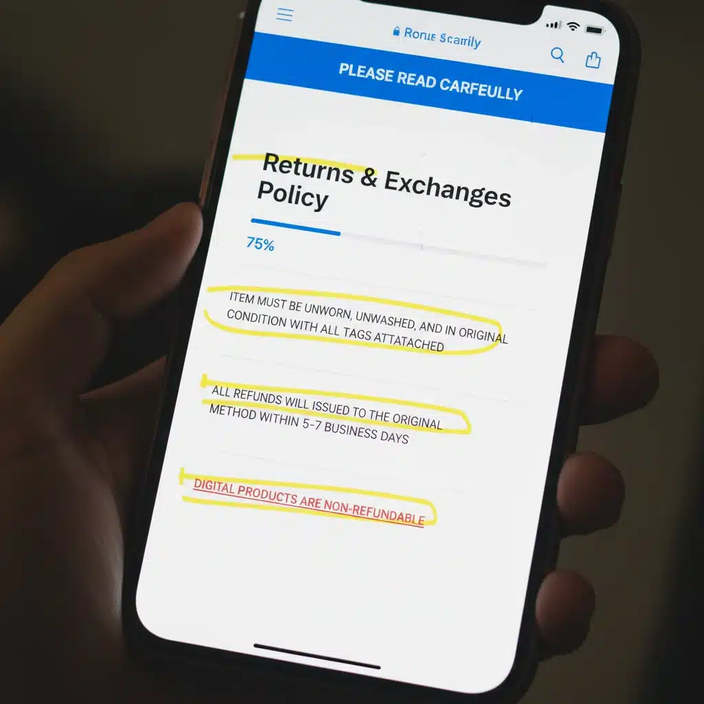 Smartphone displaying detailed online retailer return policy clauses