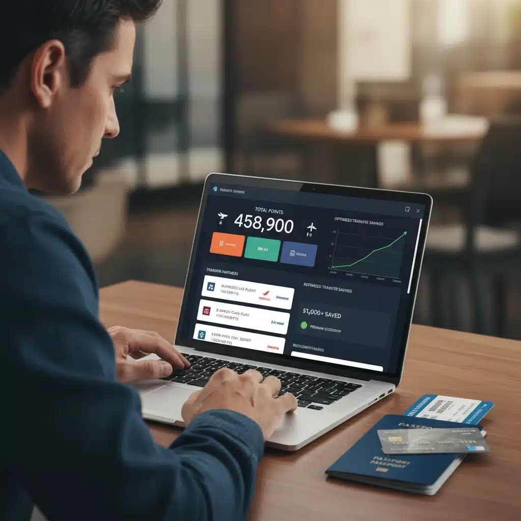 Individual analyzing loyalty point balances and transfer options on a laptop for travel planning