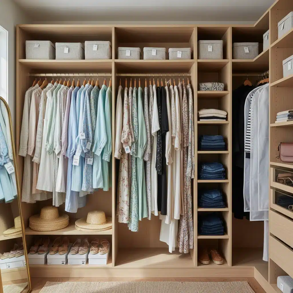 Organized closet with new spring clearance clothing integrated with existing wardrobe.