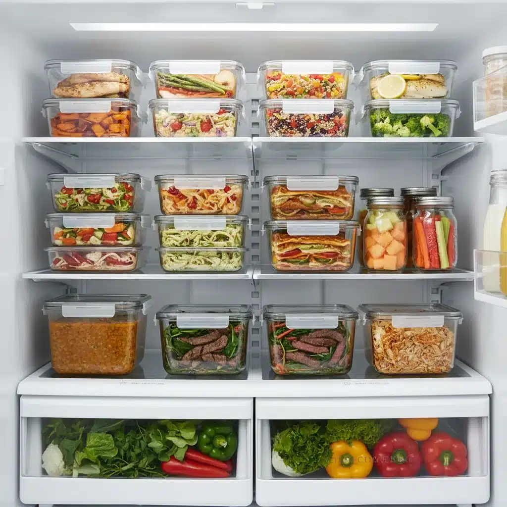 Organized refrigerator with meal prep containers for weekly meals.