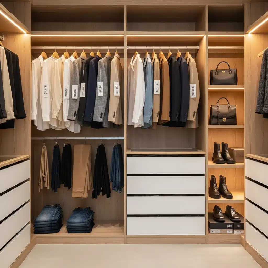 Organized closet with high-quality, timeless clothing items, showcasing results of smart clearance shopping.