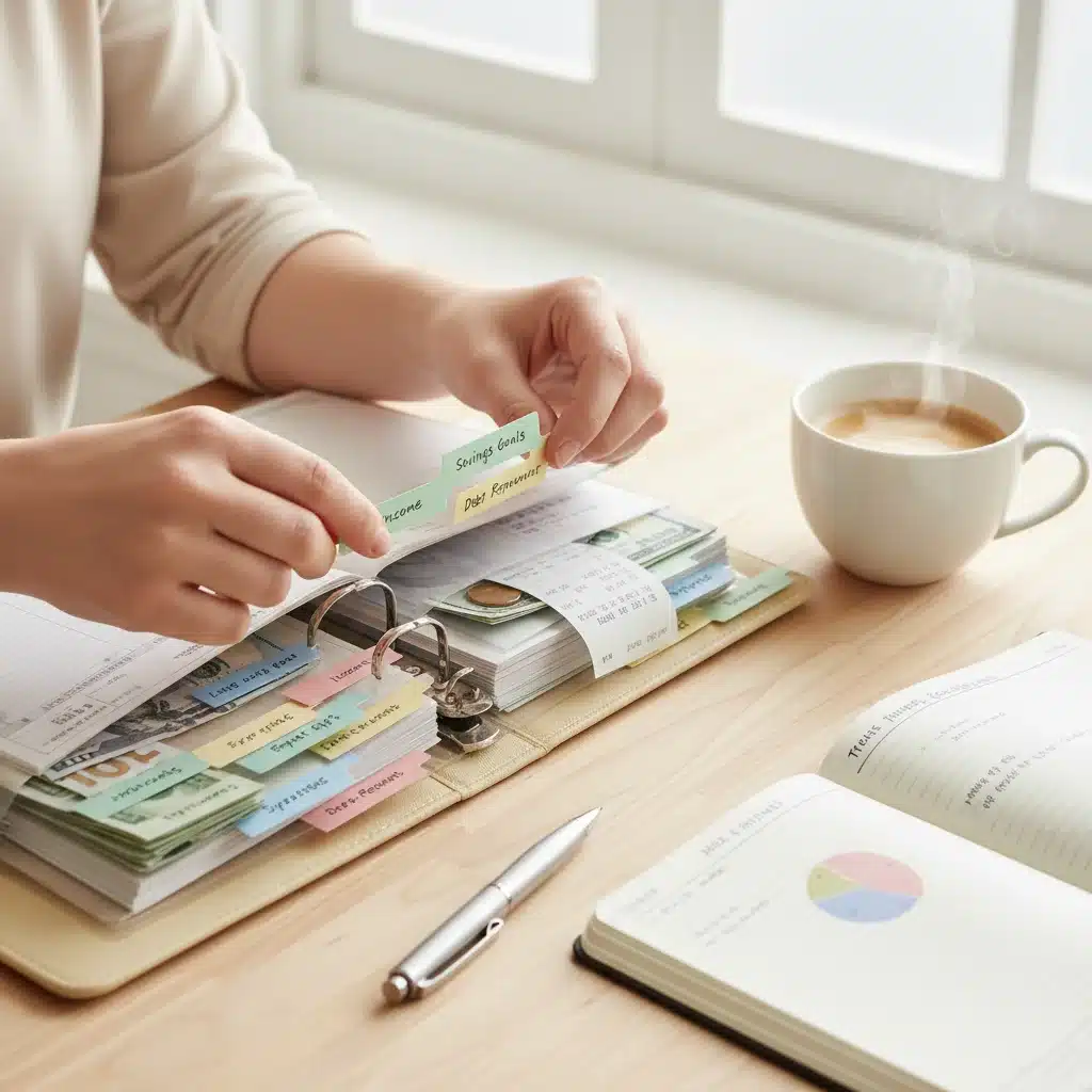 Person organizing physical budget binder with colored tabs