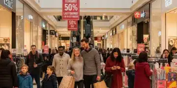 Shoppers engaging in post-holiday clearance sales, surrounded by discount signs and festive winter decorations.