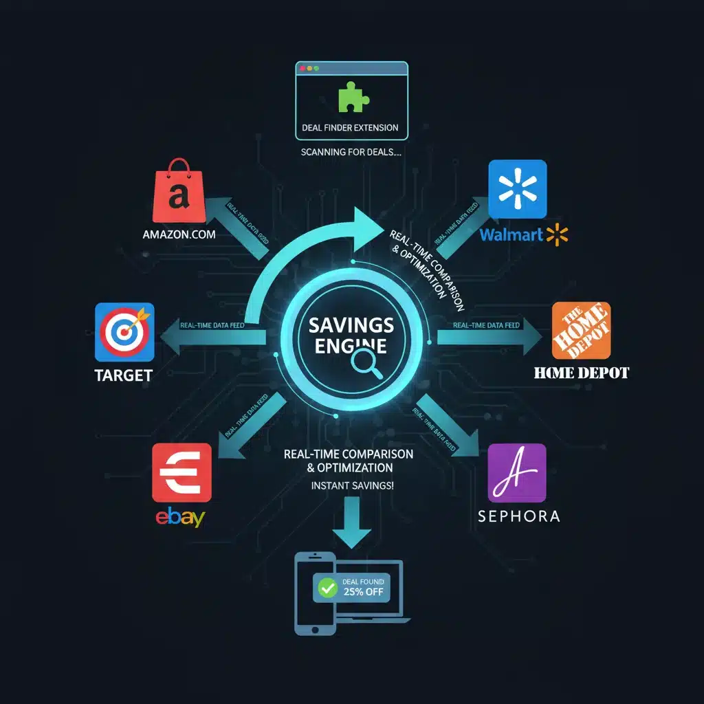 Diagram illustrating how browser extensions compare prices and find deals across multiple online retailers.