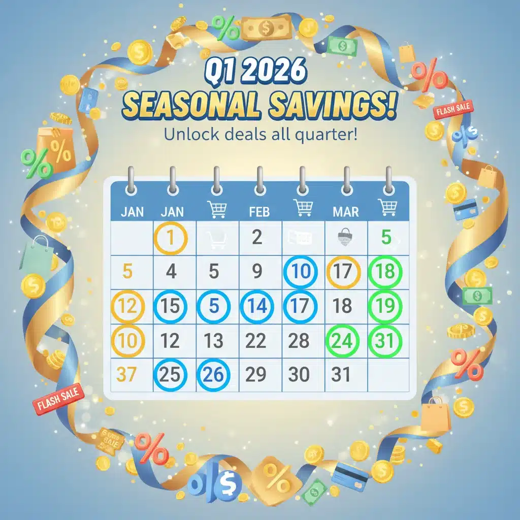 Calendar for Q1 2026 highlighting seasonal savings and discount opportunities