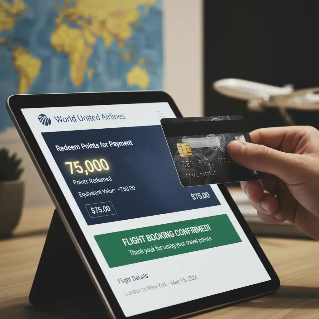 Close-up of credit card used for online flight booking, redeeming points for travel.