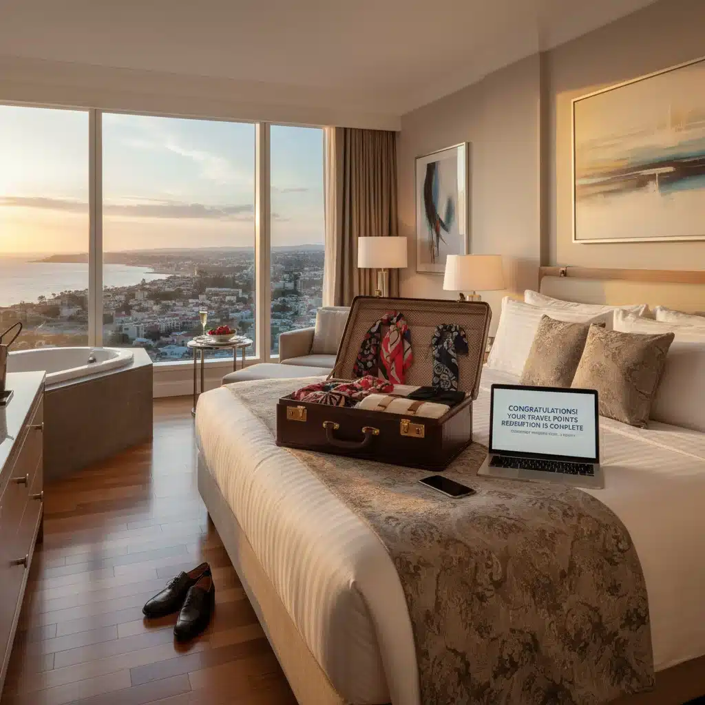 Luxury hotel room with open suitcase and laptop showing travel booking confirmation.