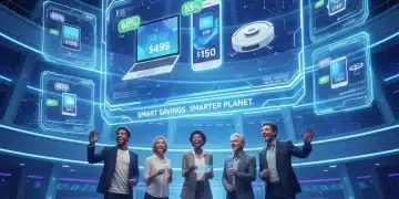 Smart shopper comparing refurbished electronics deals on a tablet, futuristic interface, significant savings
