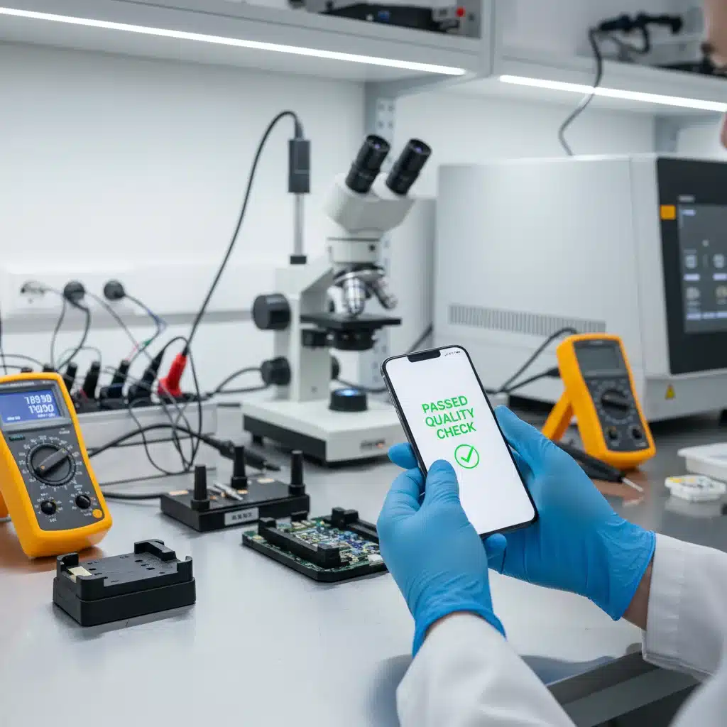 Technician inspecting a refurbished smartphone, quality control, rigorous testing process