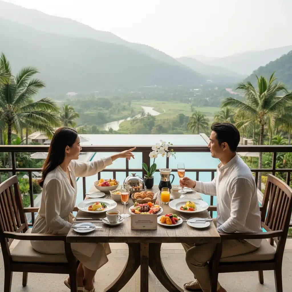 Couple enjoying breakfast on a resort balcony, showcasing free night certificate benefits.